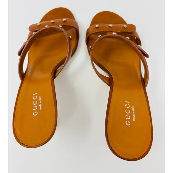 GUCCI Brown Studded Strappy Sandal Kitten Heel 7.5/37.5 - Picture 5 of 8